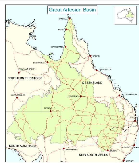 A map showing the extent of the Great Artesian Basin across three states and the Northern Territory. Picture: supplied