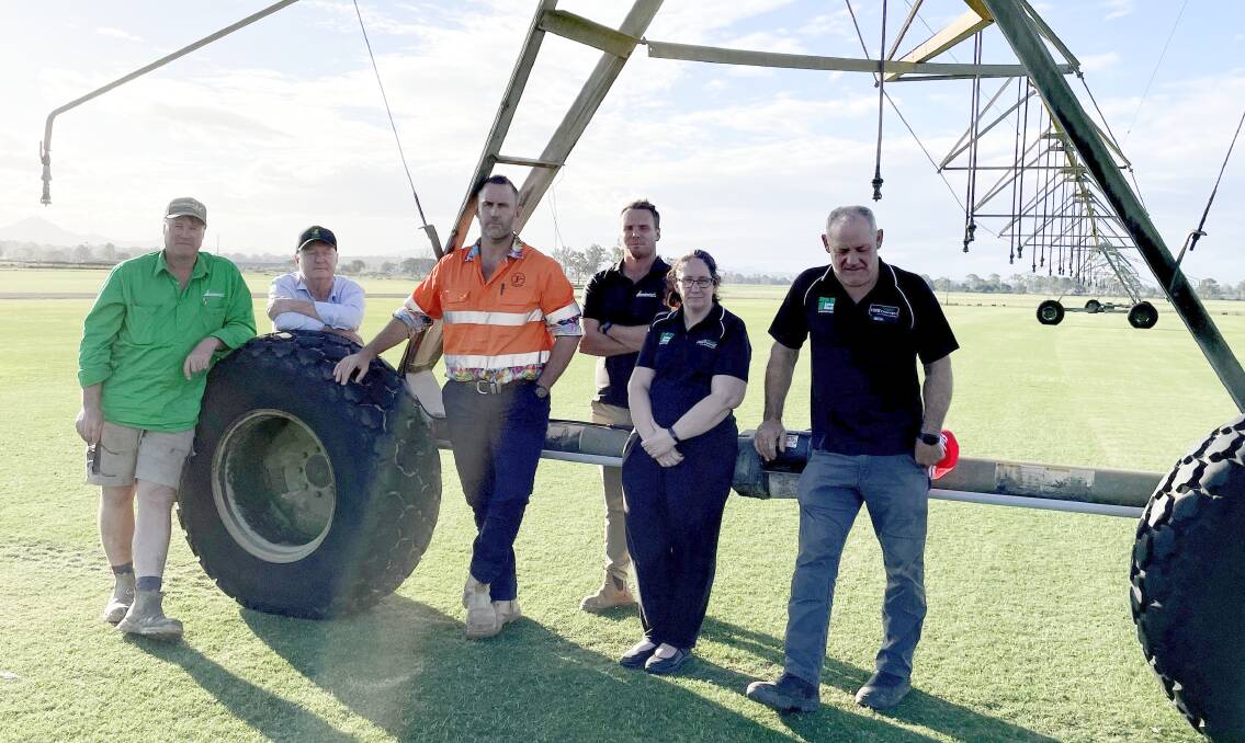 Australian Lawn Concepts general manager Erin Quinlan (centre front) with other Turf Queensland members L-R Allenview Turf operations manager Ashley Grogan, Jimboomba Turf Group director Lynn Davidson, Tinamba Turf general manager Hugo Struss, Allenview Turf general manager Lawrence Elliot and Australian Lawn Concepts managing director John Keleher (far right). Picture: Alison Paterson