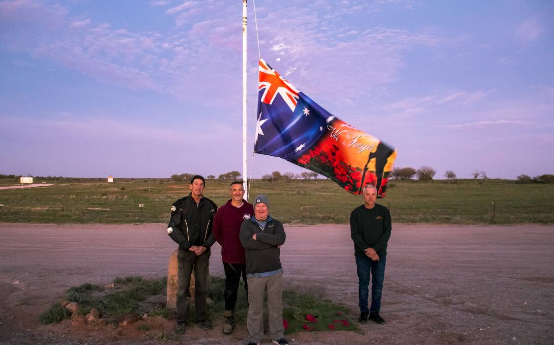 L-R Bob Milthorpe, Ray Young, Mick Schreiber and Alf Stein travelled 1240km from Wagga Wagga to attend he Cameron Corner Anzac Day Service. Picture by Tim Rumble