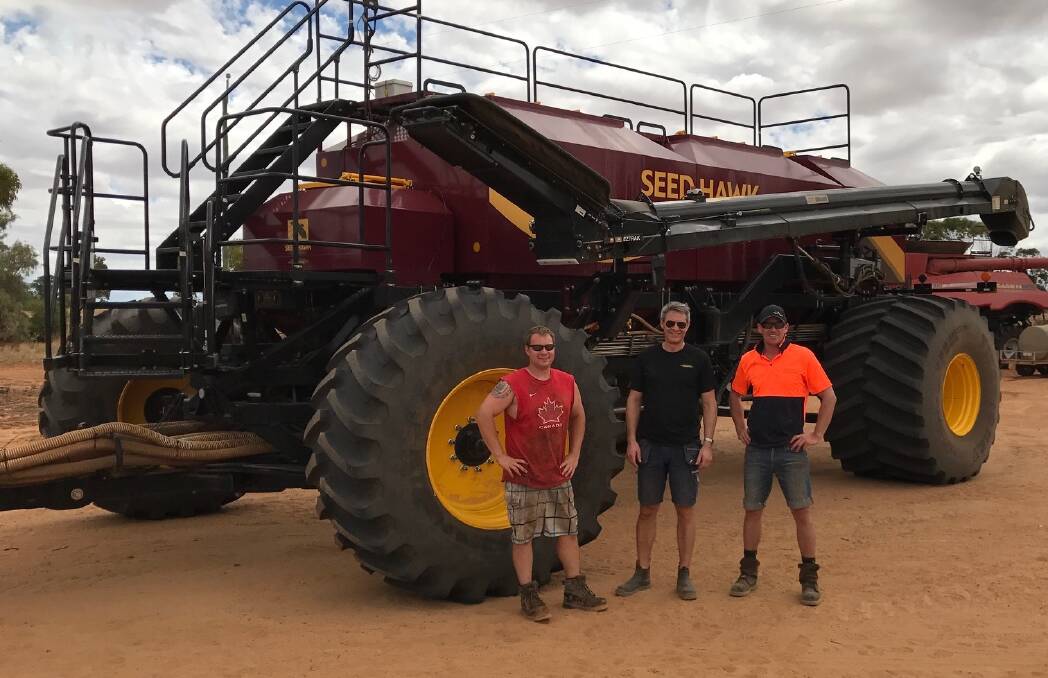 Seed Hawk product specialist, Daryl Francis, (L) Väderstad project manager, Gunnar Blackert and Seed Hawk product manager, Marc Nesbit, (middle) testing the new metering system in WA a few weeks ago.
