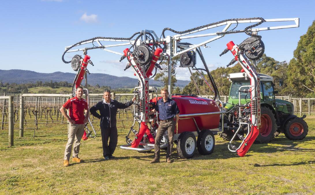 Silvan's new Turbo SCRAM technology vineyard sprayer has been delivered to Tasmanian vineyard Goaty Hill. Pictured (L - R) Chris Tait, Silvan, Markus Maislinger of Goaty Hill vineyard and Richard Palmer, Silvan Tasmania. 