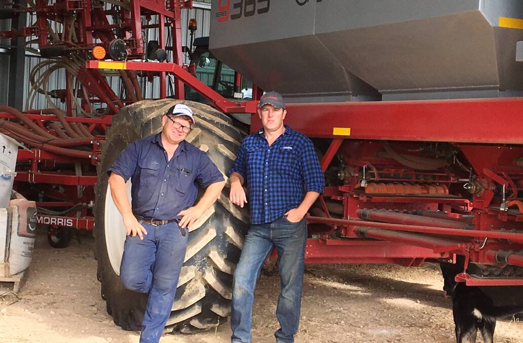 Mannum grower Adrian Bormann, pictured with Ashley Lukey of WD Lewis and Co at Karoonda. The Morris 9365 tow-between air cart includes a 5000L liquid tank, and 15.3-metre C2 Contour drill allowing him to sow 60 hectares before refilling. 