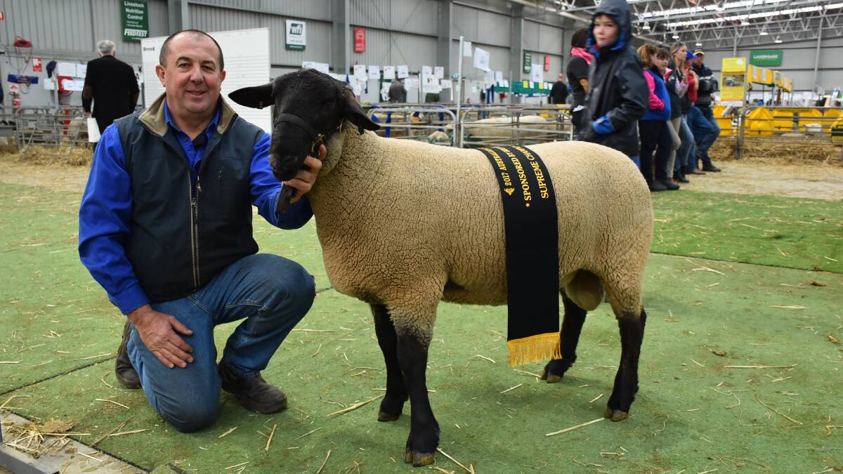 Pride in breed: Greg Good with his supreme Suffolk exhibit, his champion ram whom he has named 'Trumper'. Photo: Joely Mitchell.