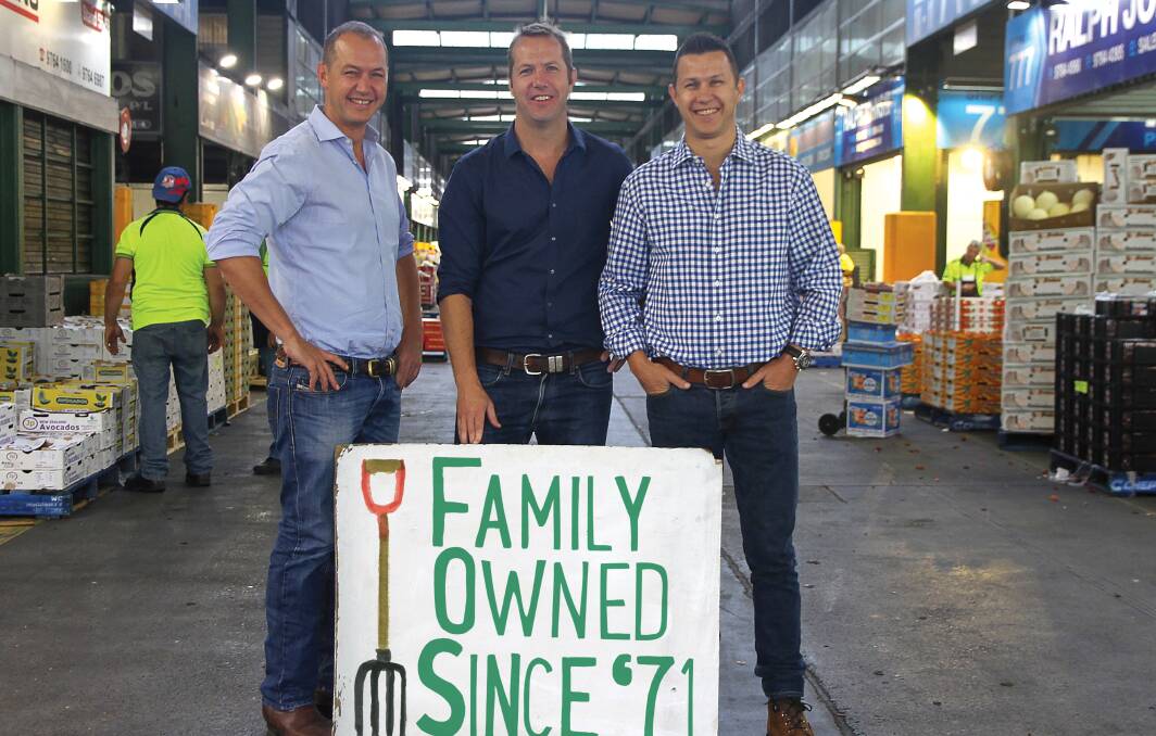 Harris Farm Markets principals, and brothers, Luke, Angus and Tristan Harris at Sydney's Flemington Markets.