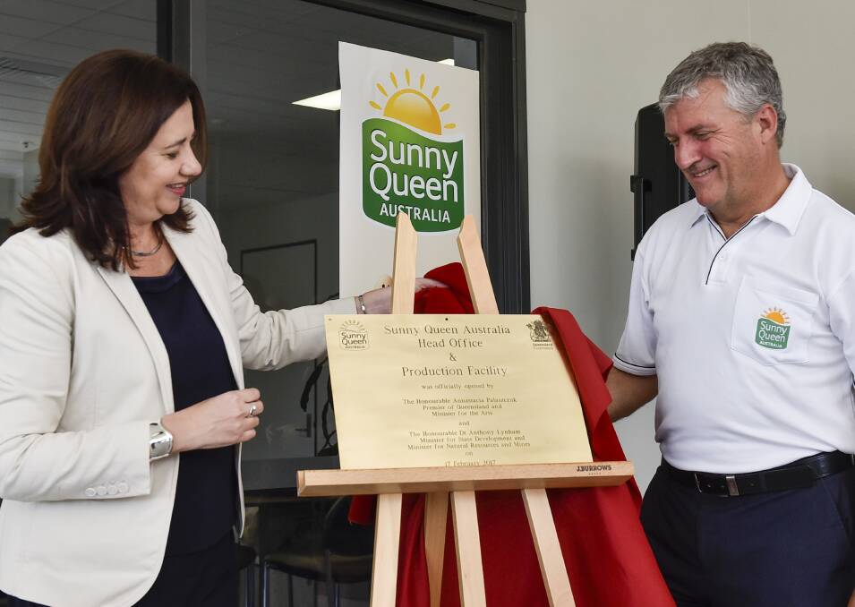 Queensland Premier, Annastacia Palaszczuk, officially opens Sunny Queen Farms' food manufacturing plant at Carole Park, with managing director, John O'Hara.