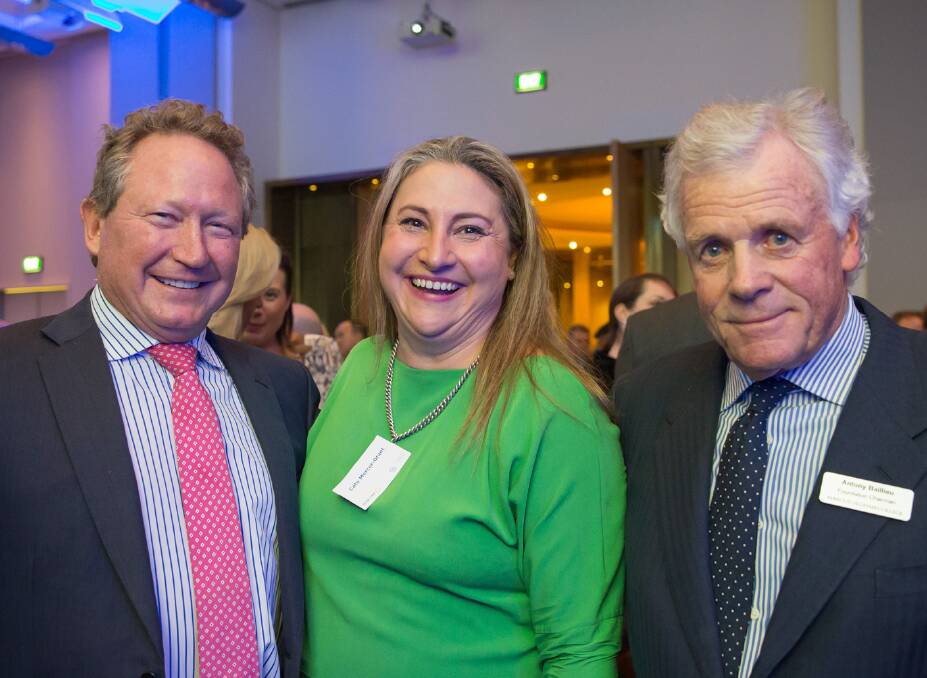 Fortescue Metals chairman, Andrew Forrest, with rural marketing agent, Cate Mercier-Grant, and Marcus Oldham College Foundation chairman Antony Baillieu at the launch of the college's building fund raising effort on Friday. 