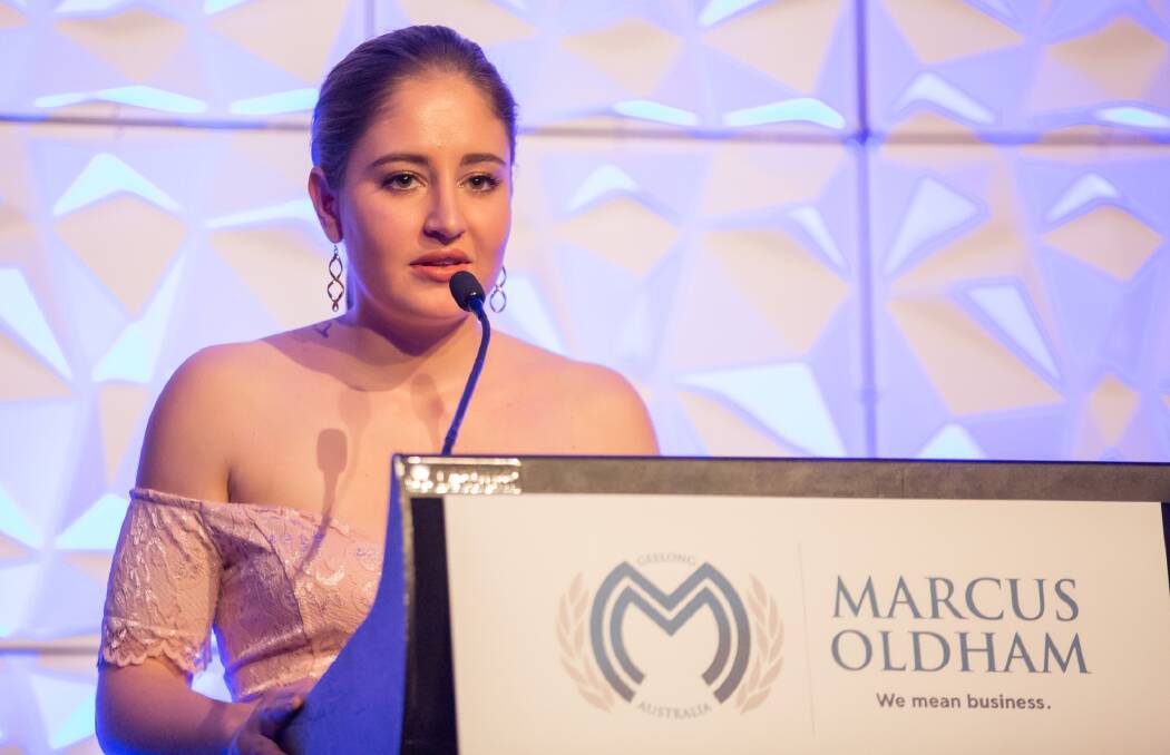 Marcus Oldham College student president, Laura Wishart, addresses the fund raising event at Melbourne's Crown Casino.