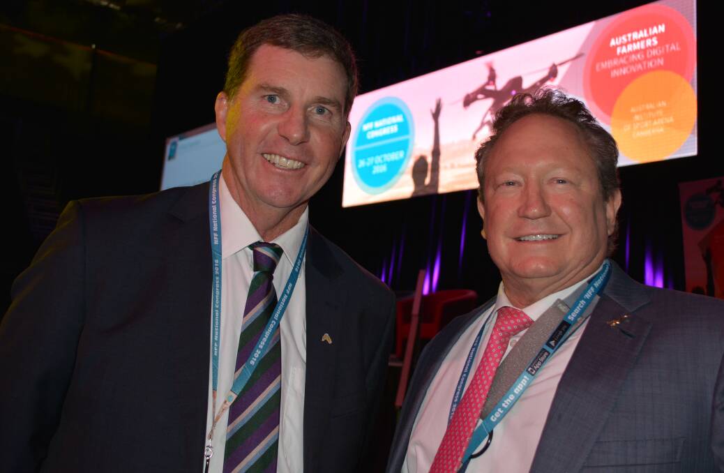National Farmers Federation president, Brent Finlay with Twiggy Forrest at the NFF Congress in Canberra 
