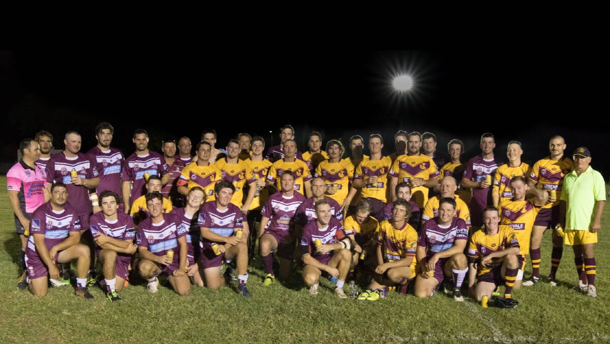 The Jandowae Fishhooks and Dalby Diehards after the first senior rugby league game to be held in Jandowae in 54 years. Photo Amelia Wood Photography.