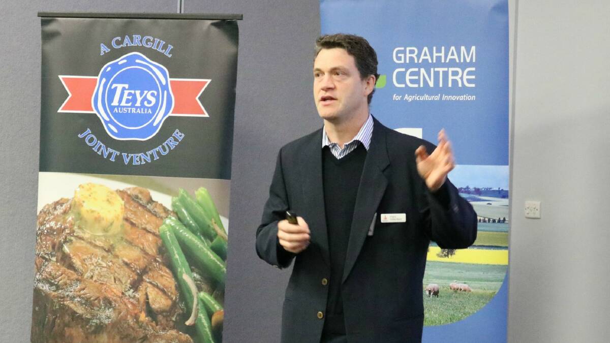 Rabobank's Angus Gidley-Baird speaking on global beef trade issues at the Graham Centre Beef Forum at Charles Sturt University in Wagga Wagga this month. Photo: Stephen Burns.