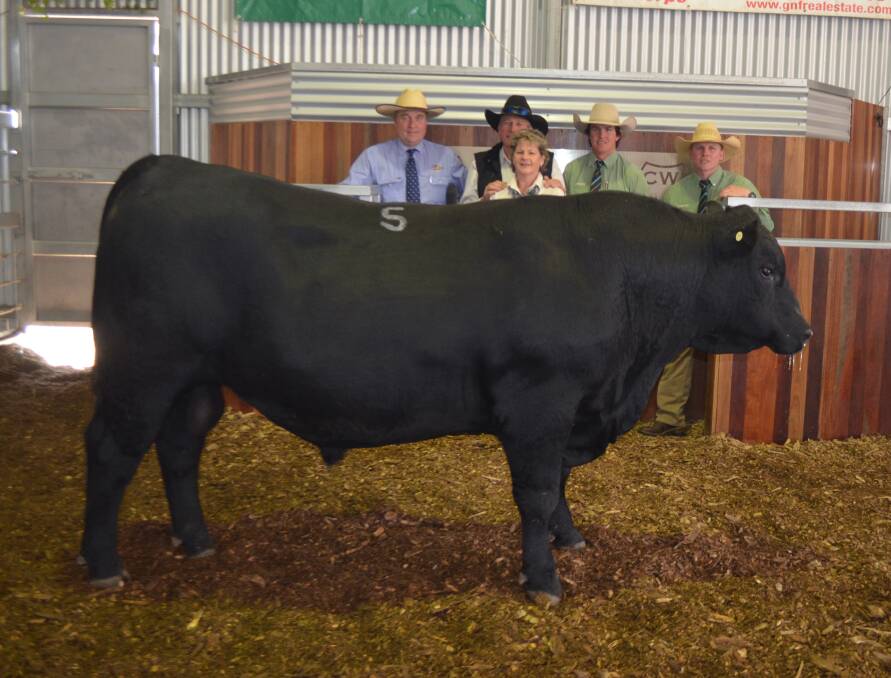 Darren Perkins, George and Fuhrmann, Ced and Rowena Wise, Glenisa Angus, Simon Booth and Colby Ede, Landmark with top priced $17,000 Glenisa Leichardt L051 bull.
