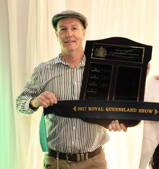 Micheal Sullivan,  Riverglen Pastoral Company, Condamine reclaimed the perpetual, memorial shield named in honour of the late John Sullivan for exhibited the winning pen of export weight pasture fed carcases.