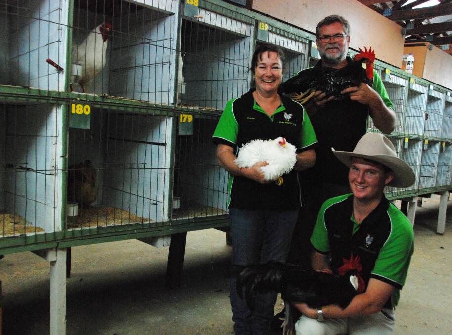 Gympie Poultry Club secretary Odette Hargreaves, president Steve Abbey and chief steward Sean King in Gympie Show's poultry pavilion where record entry numbers were penned this year.