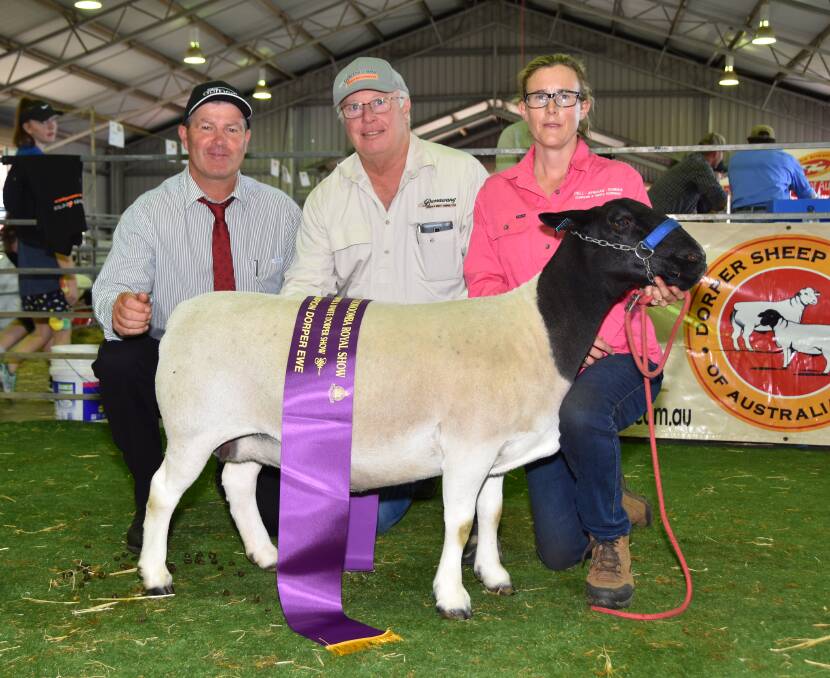 Grand champion Dorper ewe was awarded to Dell Real Magic 150087 pictured with judge Danny Teskera, sponsor Graham Pickles, Burrawang Dorpers, NSW and stud manager Andrea van Niekerk.