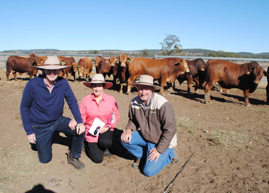 Up close: Graham Brown (right), RSVP Droughtmasters, Windera with Malcolm Heading and Robyn Green, Sunnydale, Booubyjan, at the 2018 open day.