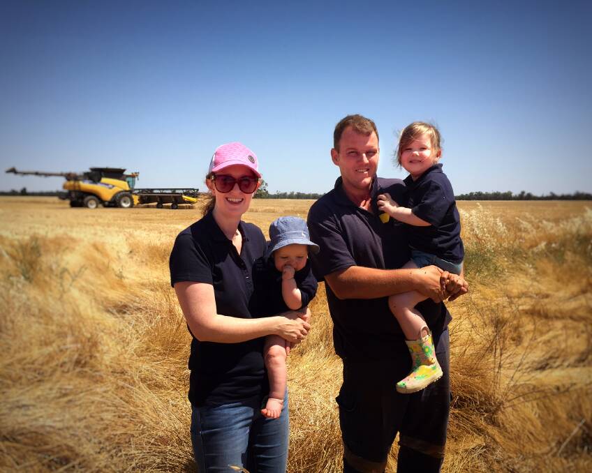 Top performance: Joanne and Blake McGrane, McGrane Harvesting, Melbourne, with their children Alexander and Zoe and their 60ft Midwest Durus Premium which Blake used to strip close to 6000 hectares from NSW through to Victoria. 