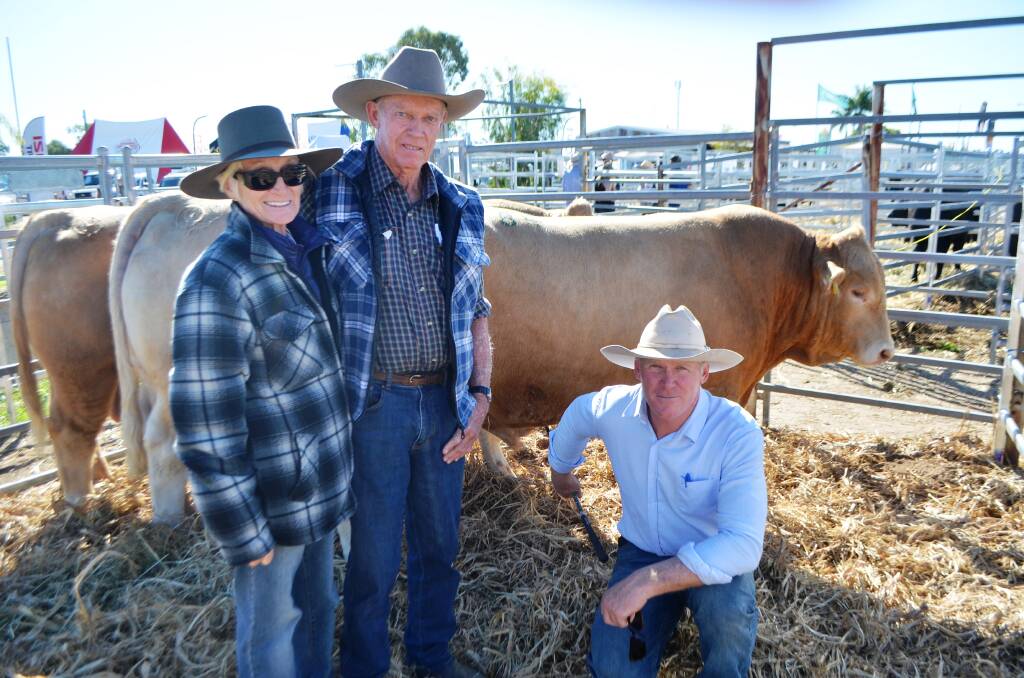 Tops at Ag-Grow: Moongool K13 (P) (R/F) topped the Ag-Grow 2016 Premier Multi-breed Beef Bull Sale held in Emerald on Friday. He's pictured with buyers Lawrence and Pat Hack, Rocklea, Alpha and vendor Ivan Price, Moongool Charolais, Yuleba.
