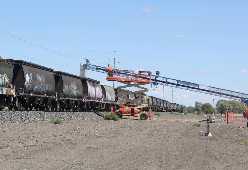 TEMPORARY: The first train to link to Broadbent Grain's Moree receival facilities was loaded using mobile equipment.