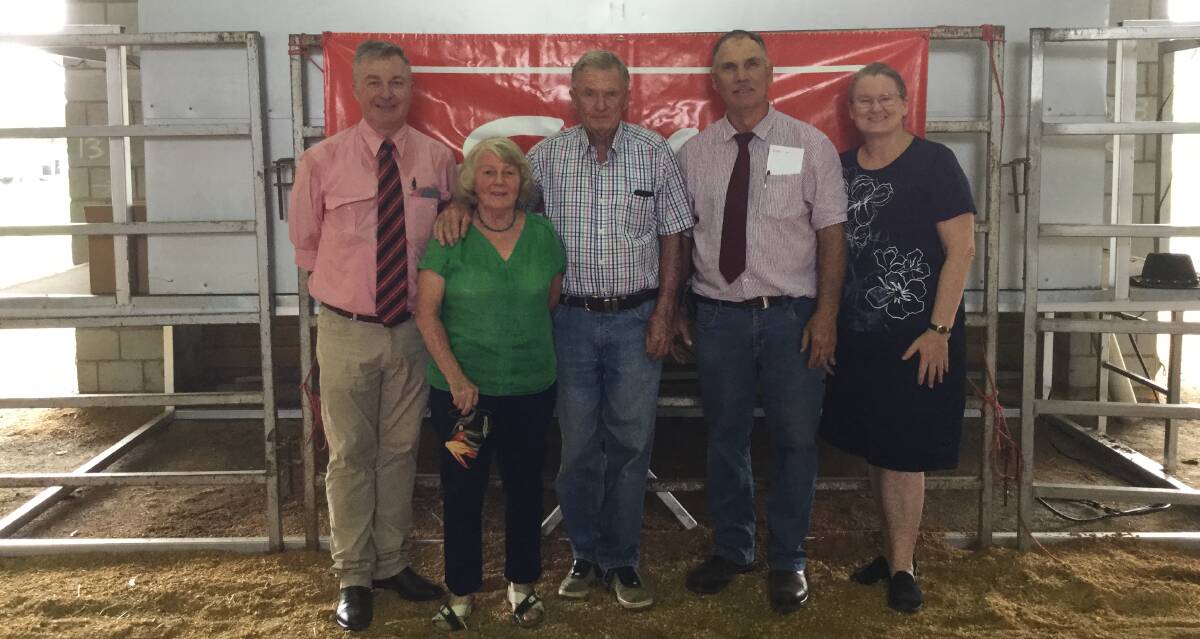 Andrew Meara, Elders Stud Stock with Ann and Tom Wilkinson, Fernvale Charolais who offered genetic packages and Graham and Katrina Blanch, Charnelle Charolais.