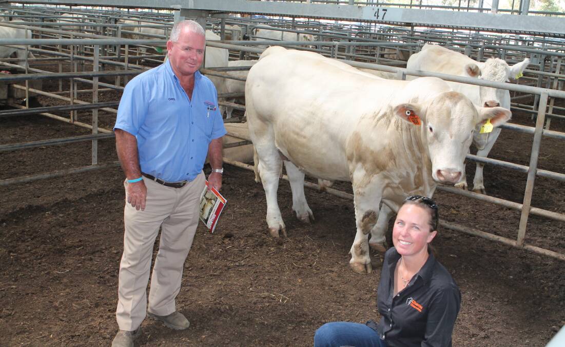 SALE SUCCESS: Chris Nevins, FP Nevins, bought the top priced bull from Chenu Charolais Ros Keeley, on behalf of Ros Turner, Kyneton.