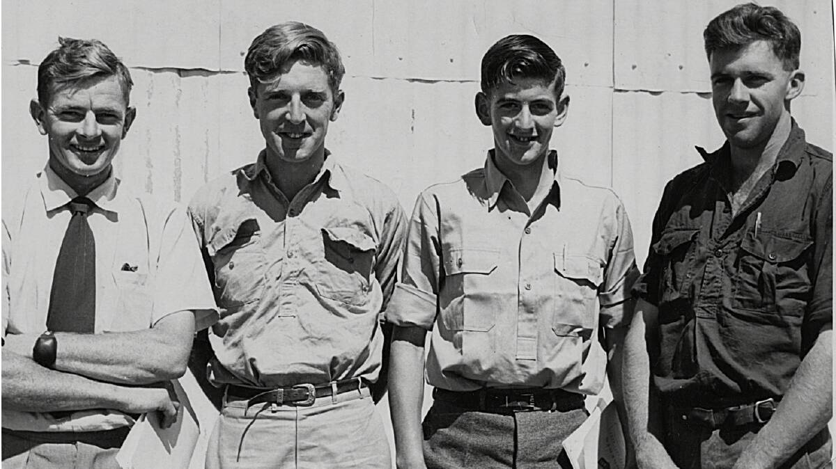 Fresh faces: This photograph was taken of Mount Morris staff - manager Barney Kent, overseer John Trier, senior jackaroo Max Fitzgerald and junior jackaroo Stuart Gearey - at the Terrick Flock school in 1960. Photo: contributed.