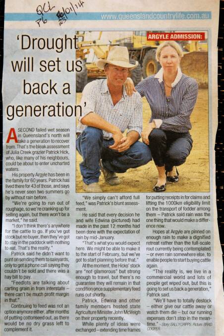 The QCL newspaper clipping from January 2014 where Patrick and Edwina assessed their drought options.