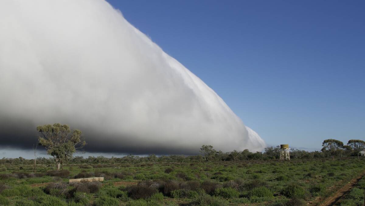 Rolling along: The cloud band at the front of the trough line rolling through the Blackall region on Saturday morning. Picture: Michael Butler.