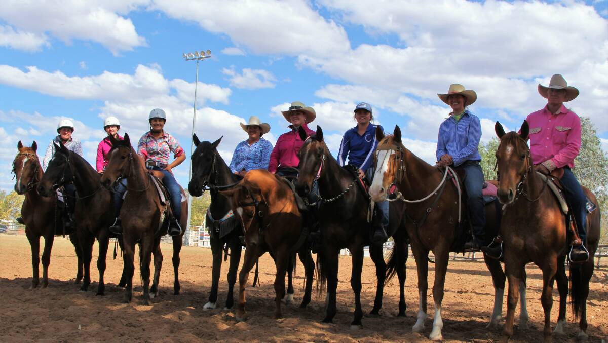 Some of the horsemanship clinic participants lined up with Longreach Pastoral College instructor, John Arnold.