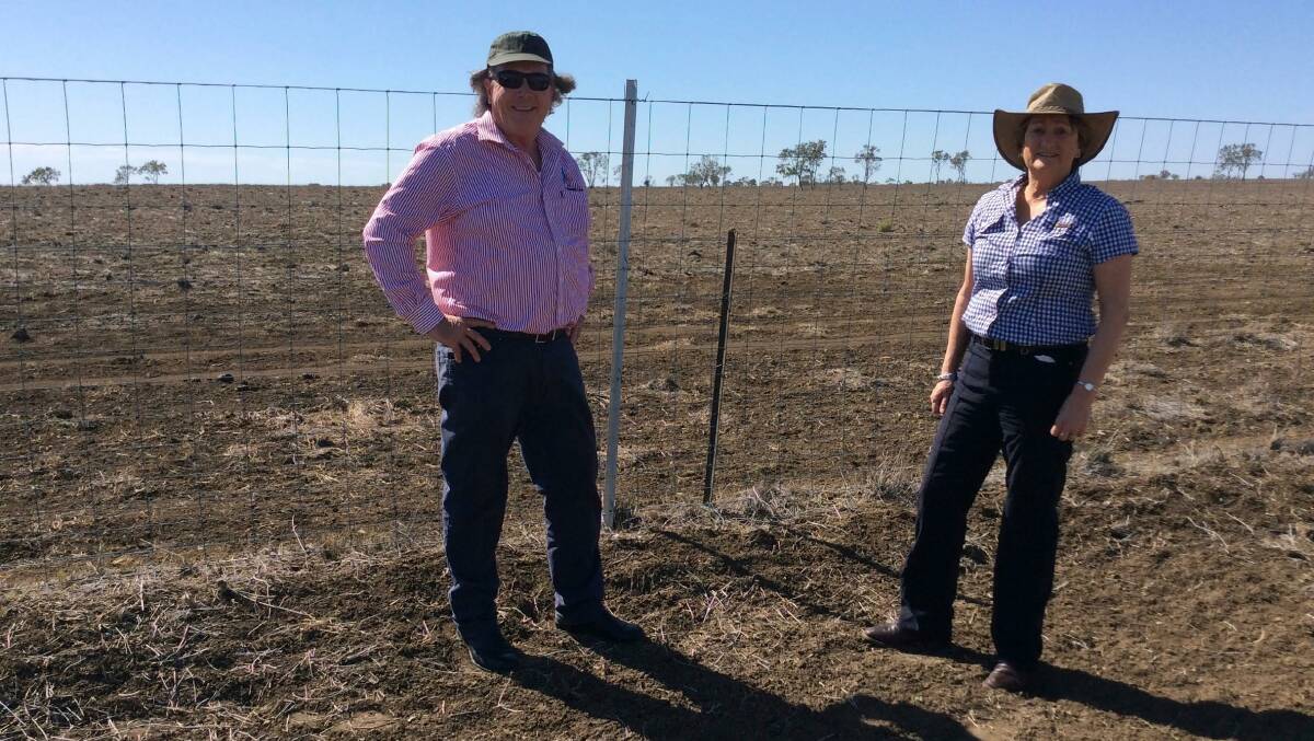 South West NRM chairman Mark O'Brien on an inspection tour of the effectiveness of cluster fencing as a strategy to combat wild dog attacks in the Tambo region with Western Australia's state Member for Kalgoorlie, Wendy Duncan.