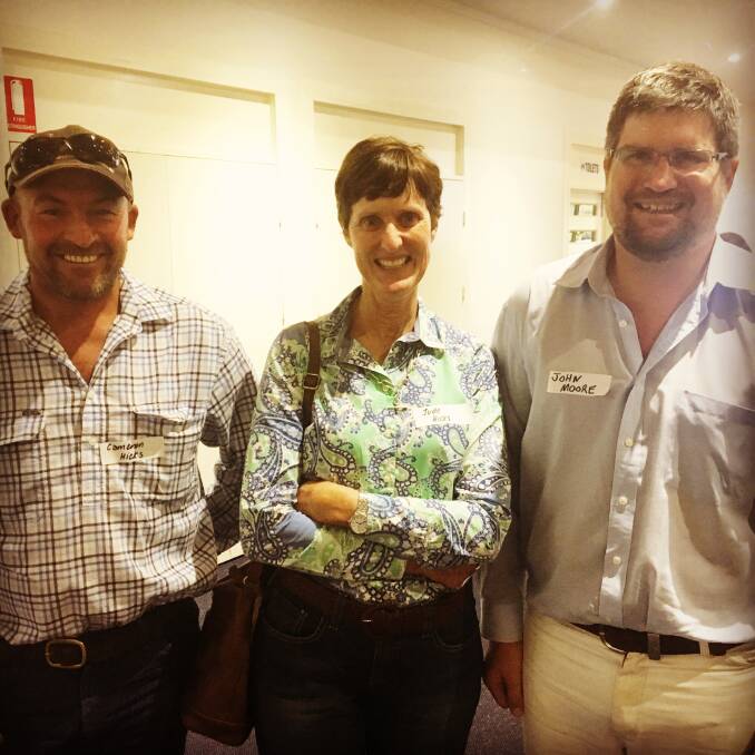 Valued contribution: Cam and Jude Hicks spoke with AgForce property valuation specialist John Moore at the Emerald seminar. Photo: Sharon Howard.