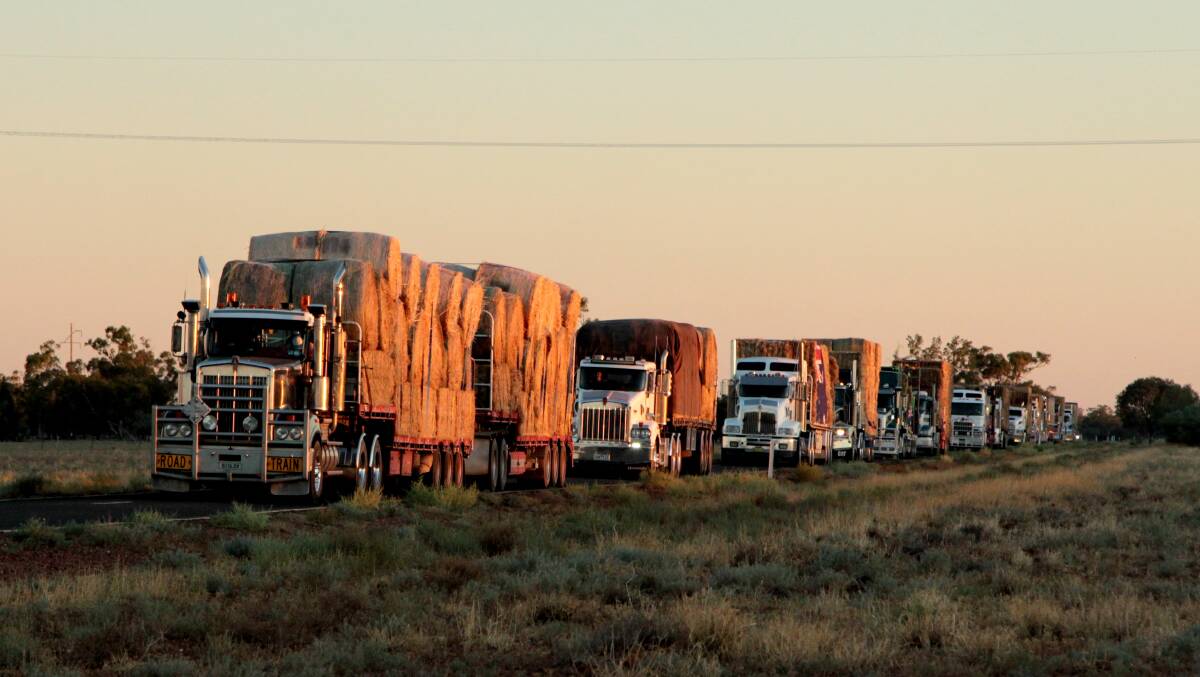 The 250 trucks in the Burrumbuttock Hay Run were a sight to see on sunset Thursday evening as they changed down their gears for a night at Wyandra.