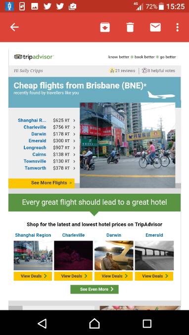 A Trip Advisor screen shot showing comparative pricing for destinations between Brisbane and various destinations, including Shanghai, Darwin and Longreach, with the latter being the most expensive.