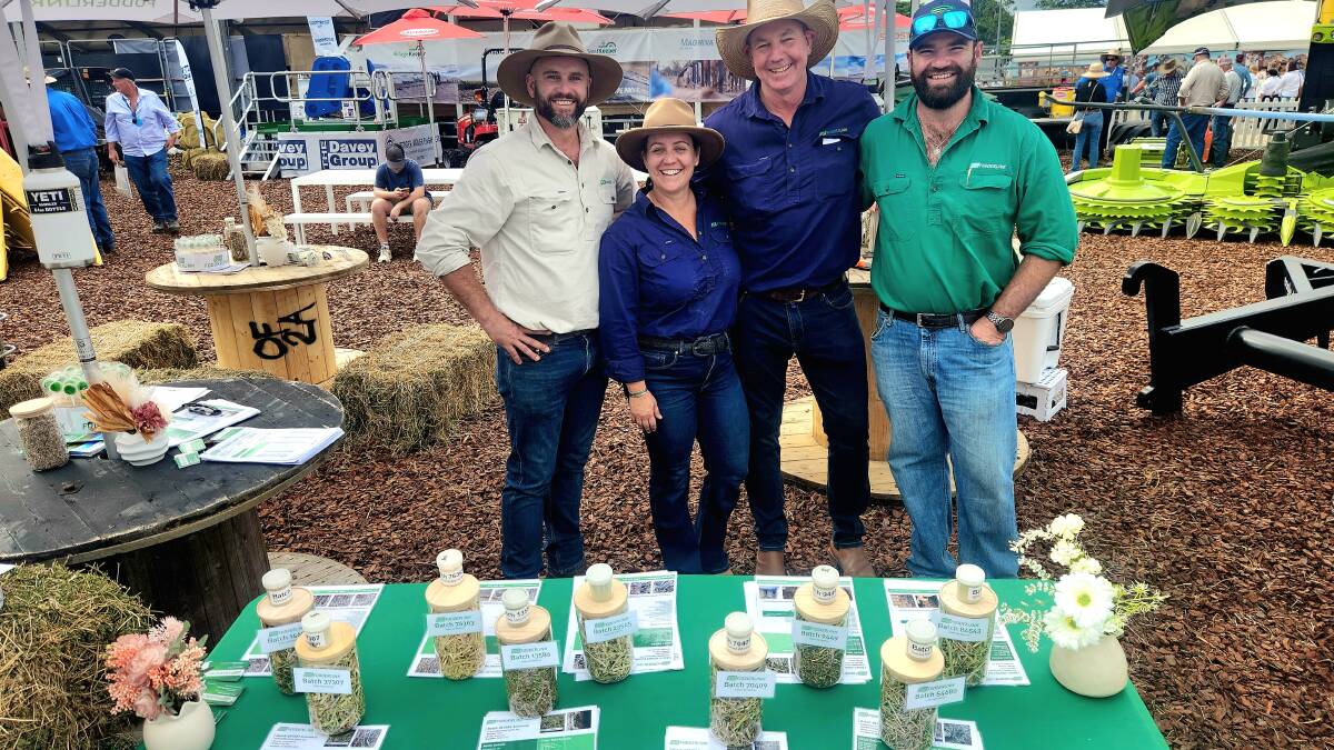 The Fodderlink crew on the grounds at Beef '24 - Oliver Carson, Rachel Packer-Angel, Cameron Angel, and Joel Kennedy, with the range of stockfeeds on display. Picture: Sally Gall