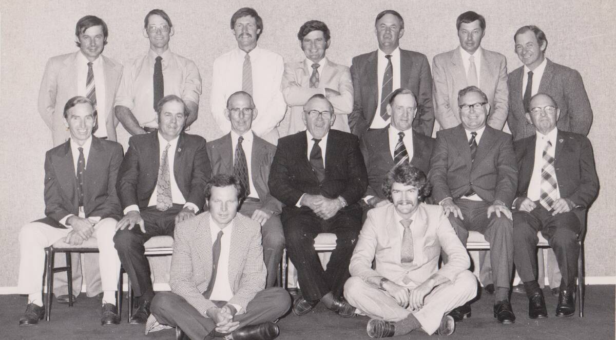 A proud tradition: A number of current and past Australian Estates employees gathered in 1985 at Dubbo. In the back row is Murray Murdoch, Paul McIntyre, Robert Ellis, Joe Mildren, Ian Marwedel, Forbes Murdoch and Mike Hutton. The front row men are Jerry Cutter, Peter Harvey, Norman Volk, Howard Holmes, Jock McKenzie, Duncan McDonald and Bill Gall. Sitting are Colin Cathcart and Kenrick Riley. Photo: contributed.