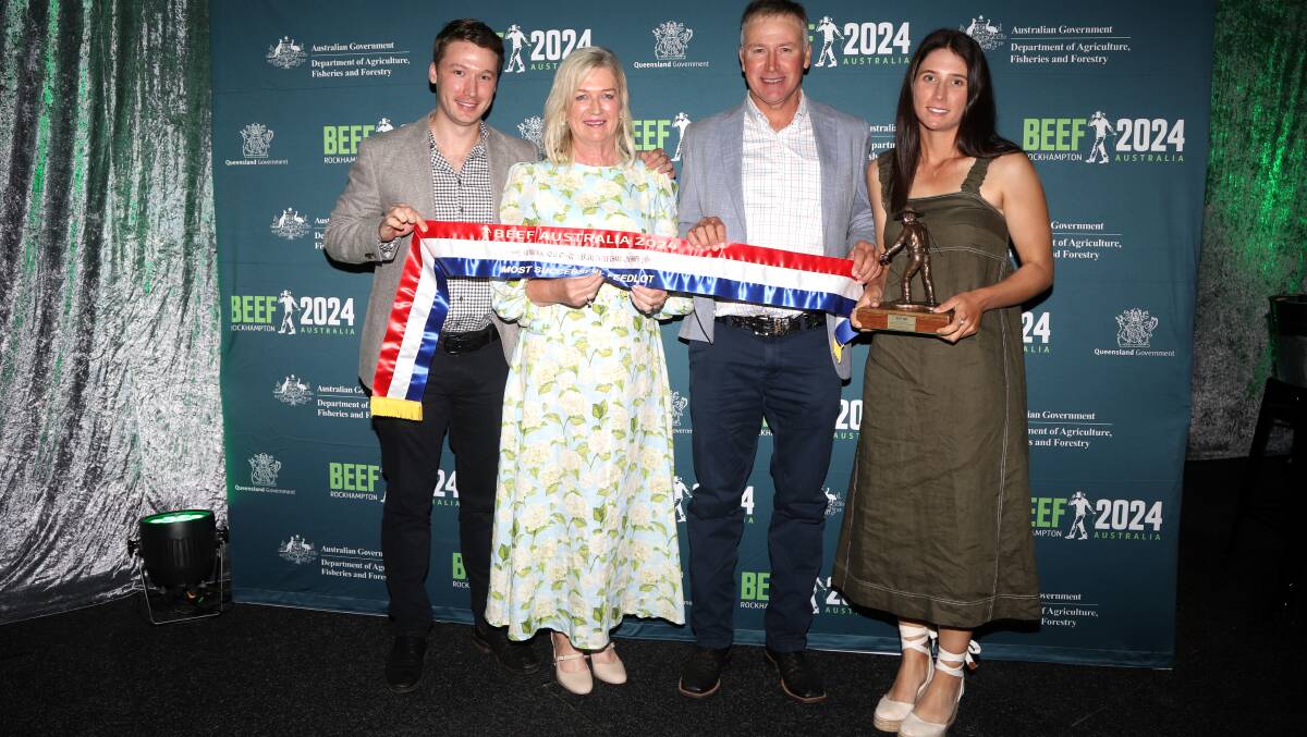 Andrew, Lynise, Phil and Tess Conaghan, Barmount Feedlot, with the ribbon for the most successful feedlot in the commercial cattle competition for Beef 2024. Picture: Sally Gall