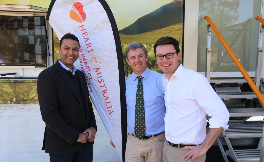 Heart of Australia founder, Dr Rolf Gomes with federal assistant Minister for Health, Dr David Gillespie and federal Member for Maranoa, David Littleproud at the funding announcement in Dalby. Picture supplied.