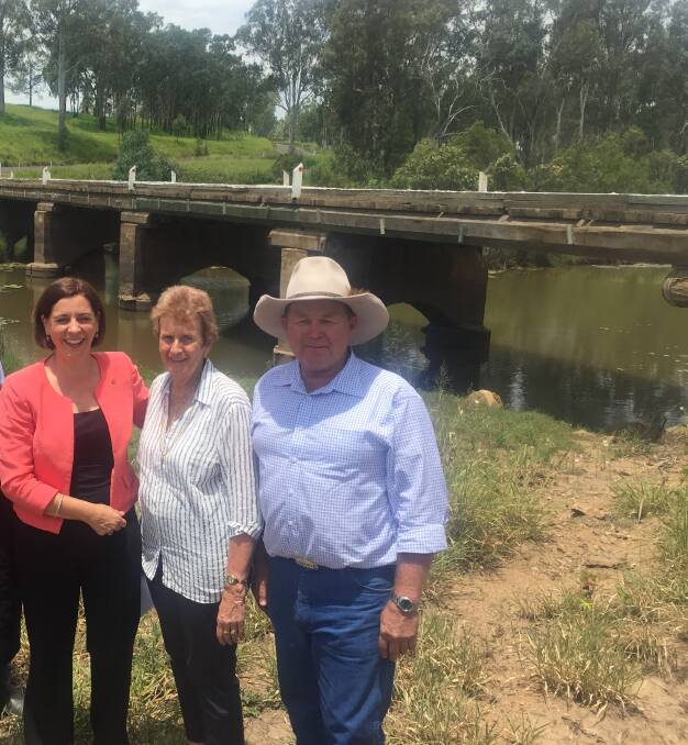 The LNP's candidate for Callide, Colin Boyce, right, with LNP deputy leader Deb Frecklington and South Burnett councillor Faye Whelan, attending the announcement of a $35m Boyne River bridge promise at Mundubbera. Picture - Mark Phelps.
