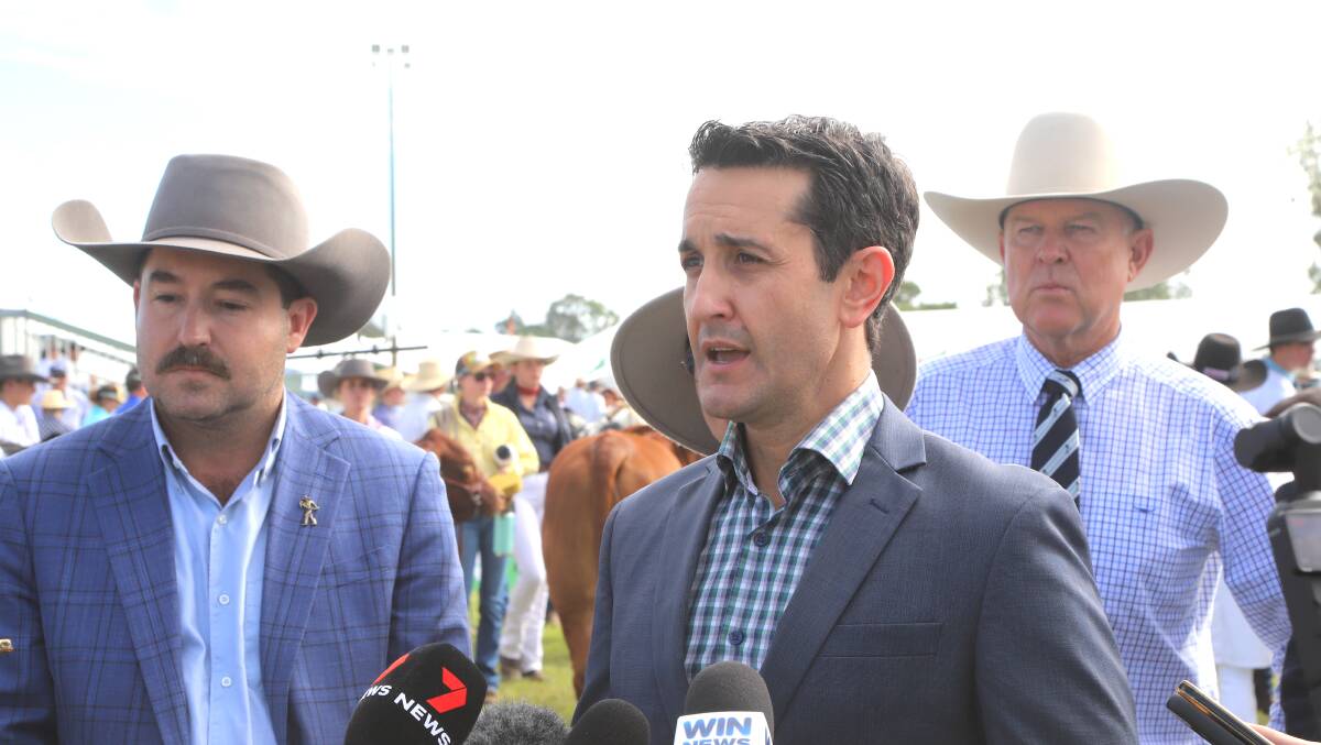 Beef Australia chair Bryce Camm listens as LNP opposition leader David Crisafulli, supported by opposition agriculture spokesman Tony Perrett, makes a $4.5m commitment to Beef27 if the LNP gets into government. Picture: Sally Gall