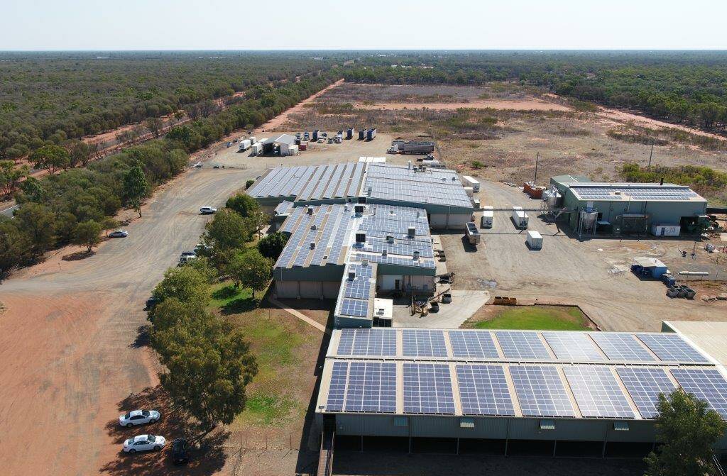 An aerial view of the solar panels on top of the Western Meat Exporters complex at Charleville.