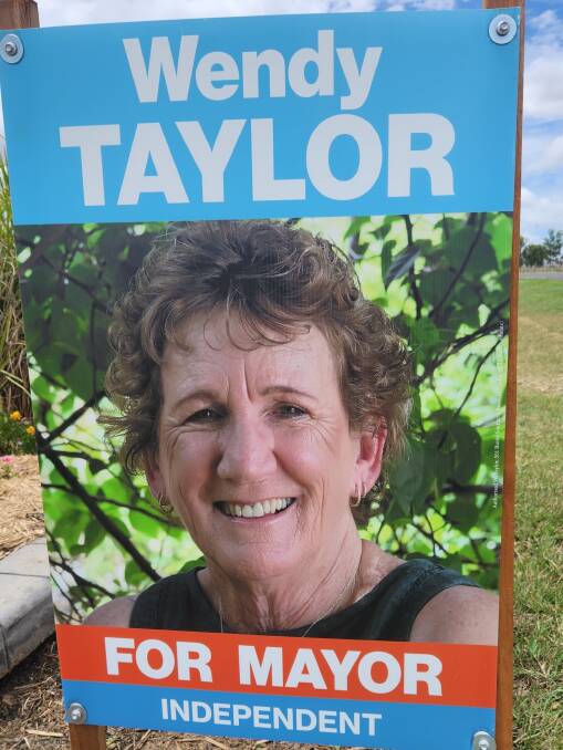 Maranoa Regional Council mayoral candidate Wendy Taylor's campaign corflute. Picture: Sally Gall