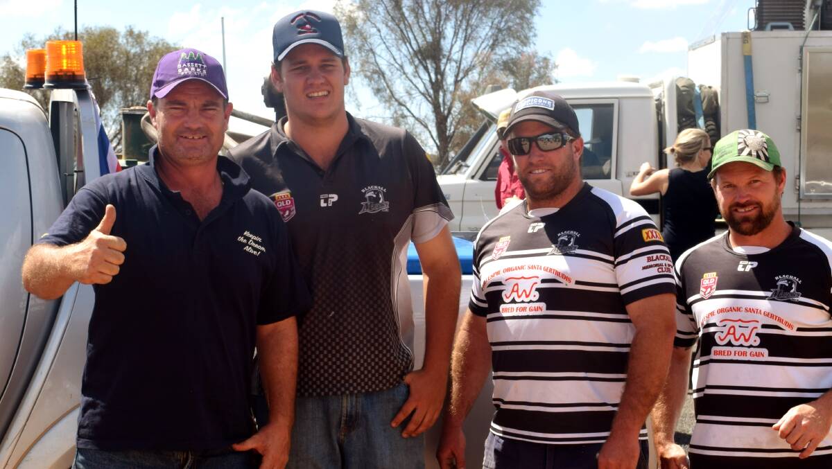 Fair dinkum: Although they are in one of the most drought-affected parts of Queensland, Blackall's rugby league team handed over a cheque for over $8000 to Brendan Farrell for the truck drivers' fuel costs when he passed through on Friday. The Magpies, represented by Mark Wemyss, Adrian Baker and Ady Walker, staged a charity match with the Moranbah Miners in February. Picture: Lisa Alexander, Barcoo Independent.
