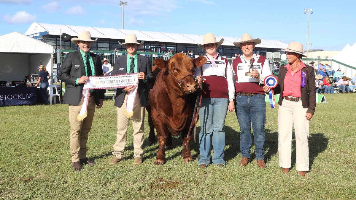 Nutrien's Justin Rohde and Damien Ferguson, grand champion Red Angus bull Tough Guy, Charlotte Dendy, Cliff Downey, and judge Erica Halliday. Picture: Sally Gall