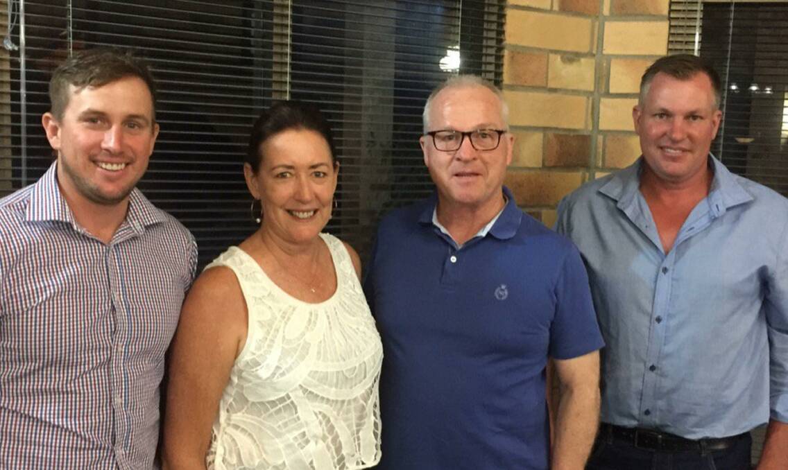 Susan Jarvis pictured with Winton councillors Joel Mann and Travis Harbour, and LGAQ president Mark Jamieson in February this year. Source: Twitter. 