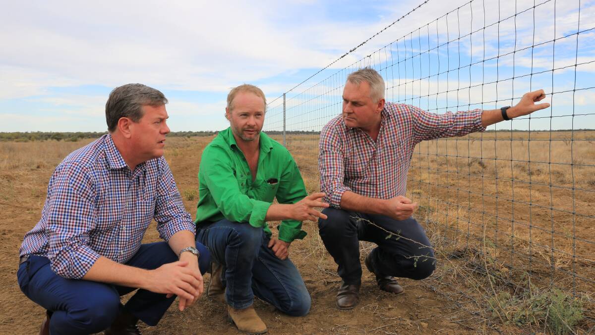 Opposition leader Tim Nicholls and Gregory MP Lachlan Millar inspecting an exclusion fence at Dunraven, Barcaldine, with producer Paul Doneley.