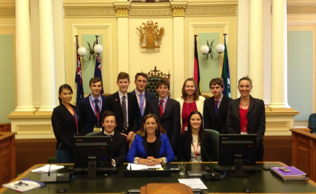Dispatch box: Shadow Minister for Agriculture, Fisheries and Forestry, Deb Frecklington with the Youth Agriculture, Resources and Environment Committee 2015. Longreach's Macabe Daley is at front and left.