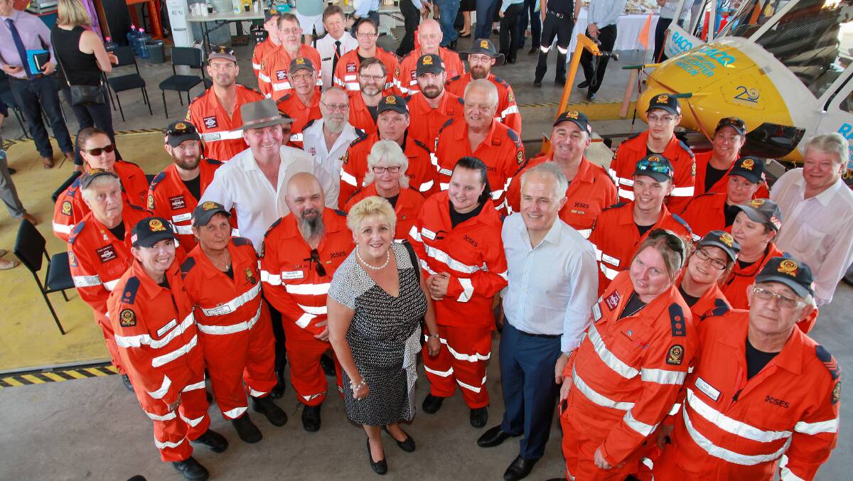 SES volunteers from Yeppoon, Emu Park, Rockhampton and Mt Morgan were among those to share a cuppa with Prime Minister Malcolm Turnbull, Deputy Prime Minister Barnaby Joyce and Michelle Landry MP at a morning tea for SES volunteers to mark one year since Cyclone Marcia. The event was held at the Capricorn Rescue Helicopter hangar in Rockhampton. Both emergency rescue services played a role in the cyclone recovery. The group includes: Jenny Harrison (Rockhampton SES), Chrissy Matchoss (Yeppoon), Richard Winter (Rockhampton), Tegan Eriksen (Gracemere), Wendy Norman (Gracemere), Paul Watkins (Gracemere), Heather Wisely (Gracemere), Cathy Barry (Rockhampton), Louis Magnussen (Rockhampton), Eddie Cowie (Controller), Russell Sait (Yeppoon), Lyn Porter (Mt Morgan SES), Adam Murrell Yeppoon), Bev Daniels (Rockhampton), Cindel Richardson (Yeppoon), Geoff Hanes (Yeppoon), Warren Spreadborough (Emu Park), Chris Bartz (Rockhampton), Sam Bertling (Rockhampton), Aleta Ballnent (Gracemere), Niesha Simmonds (Rockhampton), Eric Taylor (Yeppoon), Leon Burt (Gracemere), Peter Holmes (Yeppoon), John Tait (Emu Park), Mel Newberry (Yeppoon), Dean Gibson (Yeppoon), Gary Osmond (Rockhampton), Neil Percival (Rockhampton), Alan Law (Mt Morgan).