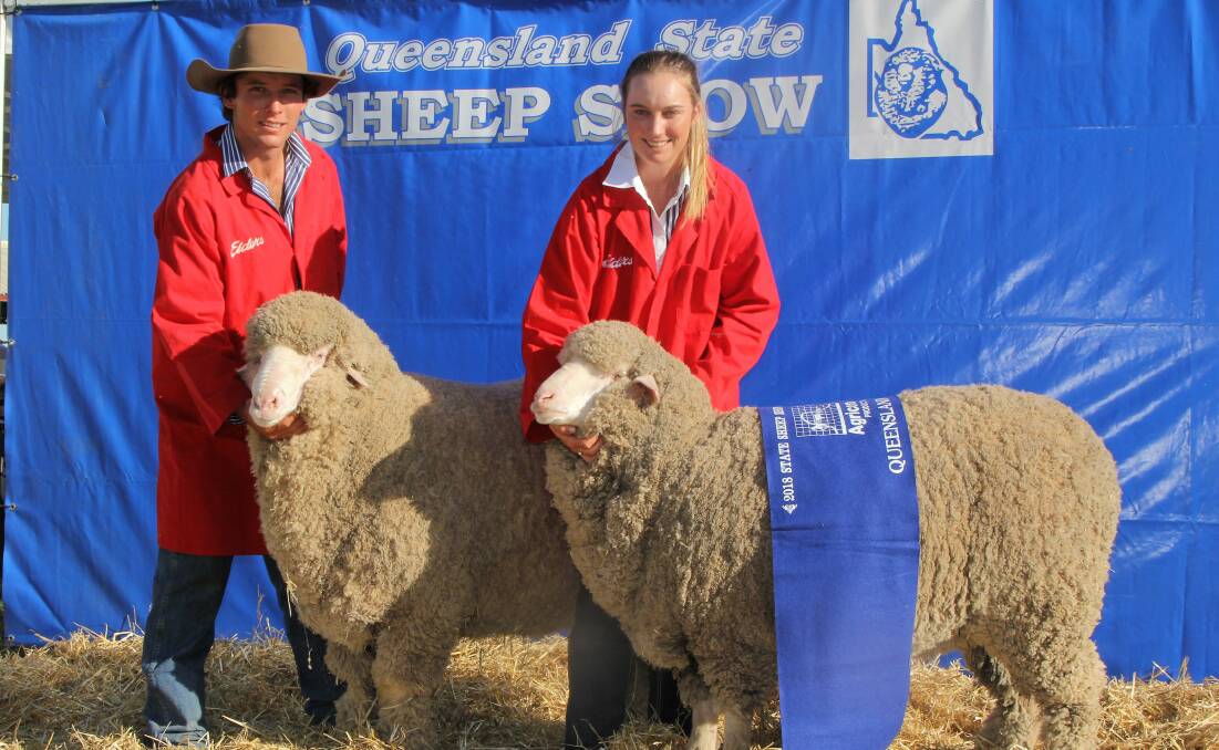 Charlie and Felicity Brumpton, Jolly Jumbuck, holding the Queensland Ram and Ewe of the Year, who also made up the Queensland Pair of the Year.