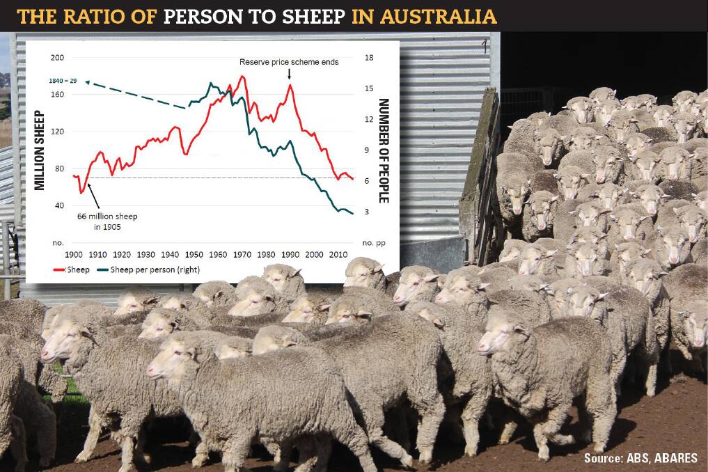 The sheep-to-person ratio in Australia is currently about three to one, with about 67.5 million sheep to 24.6 million people. In 1970 the ratio was about 14 to one. 