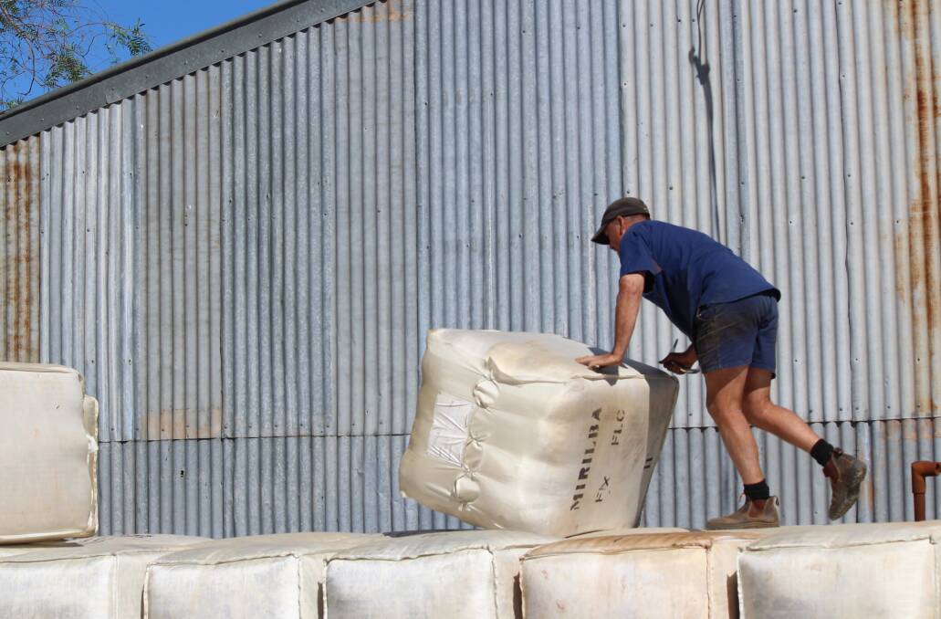 Wool carrier Dave Hall, Parkes, NSW, picking up bales from 'Miriliba', Nyngan, after floods prevented truck access to the property for nearly four months. 