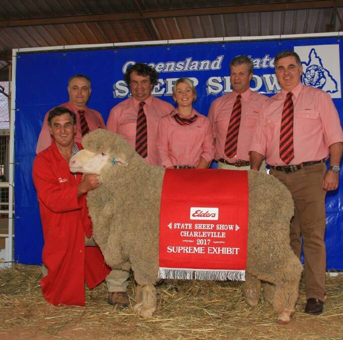 Elders district wool manager Brett Smith (third left) during the 2017 State Sheep Show, Charleville, Qld. 